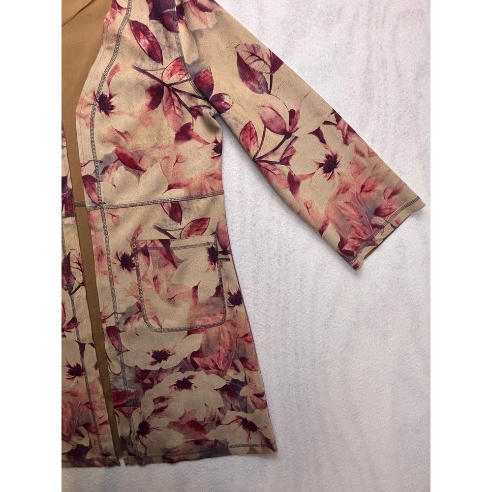 Solitaire Womens Floral Faux Suede Open Front Duster Cardigan Tan Mauve Medium‎ - Picture 5 of 13